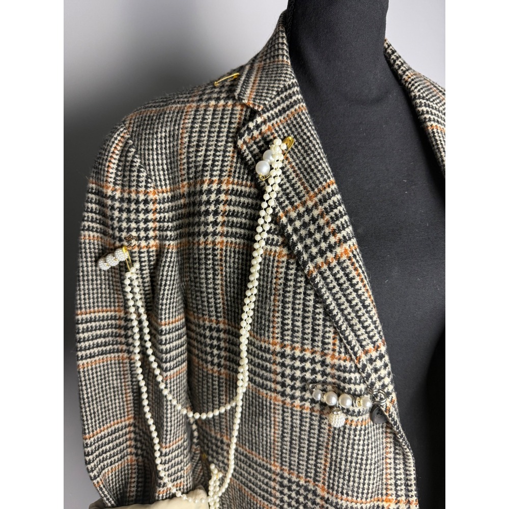 Unisex Glen Plaid Blazer with Draped Faux Pearls and Safety Pin Accents Grey Tan - Picture 2 of 5
